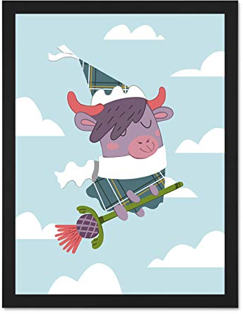 Wee Blue Coo Kawaii Cow Thistle Witch Large Framed Art Print Wall Poster 18x24 inch Wand