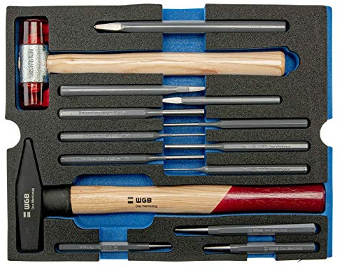 Werkzeug Set Hammer, Meissel, Durchtreiber & Körner 14 teilig | Schaumstoffeinlage Werkzeug für Werkzeugkoffer & Werkstattwagen | WGB Modul 6290
