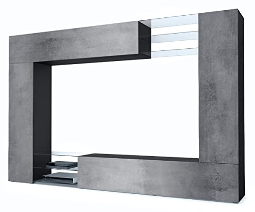 Vladon Wohnwand Mirage, Made in Germany, Anbauwand mit Rückwand mit 2 Türen, 2 Klappen und 6 offenen Glasablagen, Schwarz matt/Beton Dunkel Optik (262 x 183 x 39 cm)