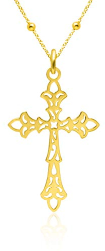 WANDA PLATA Collier Pendentif Croix Chrétienne en Filigrane pour Femme en Argent 925 Plaqué Or, Collier Religieux avec Chaîne 45 cm Présenté dans une boîte cadeau (Or)