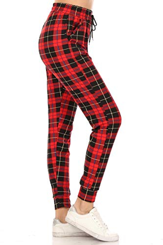 Leggings Depot Damen beliebte Print hohe Taille Premium Jogger Trainingshose (S-3X) BAT1, Urlaub Plaid, X-Groß