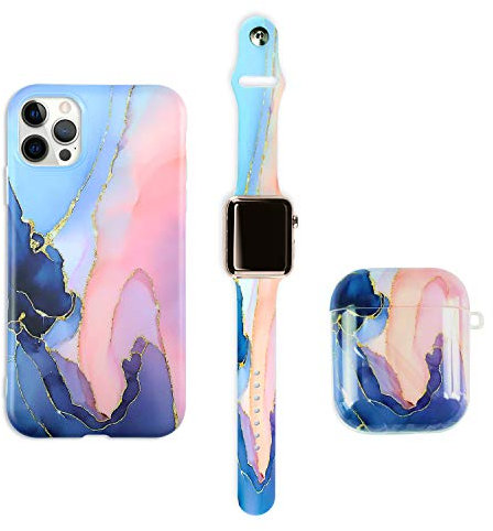 Makzib Matching Case compatible with iPhone 11pro,Airpods case 1& 2 & pro 3 gen with Watch band.Marble design Thin slim Glossy 3 in 1 protective cases (38mm 40mm Airpods 1&2, Marble Pink & Blue)