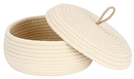 Sea Team Round Cotton Rope Storage Basket with Lid, Decorative Woven Storage Bin, Pot, Caddy, Organizer, Container for Snacks, Towels, Plants, 10 x 4.5 Inches (Small, Shallow, Cream)