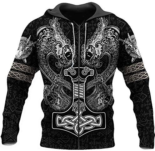 WDBAYXH Viking Mjolnir Thor's Hammer Fenrir Sweatshirt Hoodie, Unisex Norse Tattoo Runes 3D Print Full Zip Lightweight Pullover, Fashion Vintage Personality Casual Jacket,Zip,4XL