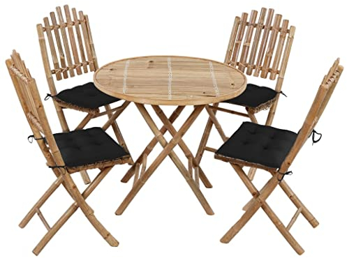 vidaXL Gartenmöbel 5-TLG. mit Kissen Klappbar Gartengarnitur Sitzgarnitur Sitzgruppe Gartenset Gartentisch Esstisch Stühle Tisch Bambus