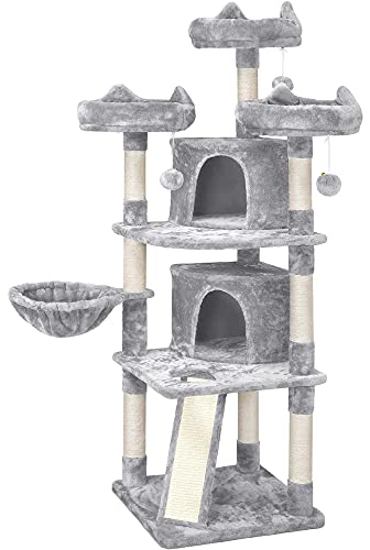 Yaheetech Árbol Rascador para 3-5 Gatos Adultos de Altura 175 cm Grande Torre para Gatos Mascota con 3 Plaraformas Gris Claro