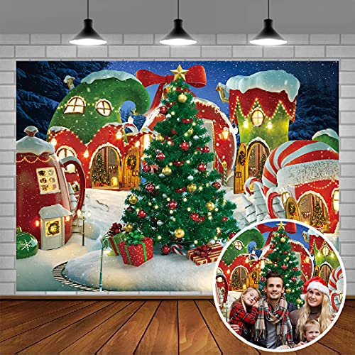 Cartoon-Weihnachtsdorf-Fotografie-Hintergrund, Winter, Schnee, Kiefernbaum, Märchen, animierte Kinderparty, Fotokabine, Banner, Hintergrund (2,7 x 1,5 m)