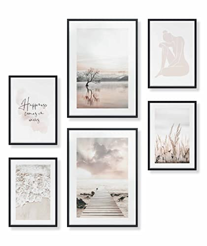 Heimlich® Premium Poster Set mit Bilderrahmen Aluminium Schwarz | 2 x DIN A3 & 4 x DIN A4 - ca. 30x42 & 21x30 | Stilvolle Poster Collagen mit passenden Bilder als Wanddeko » Strand Meer Baum «