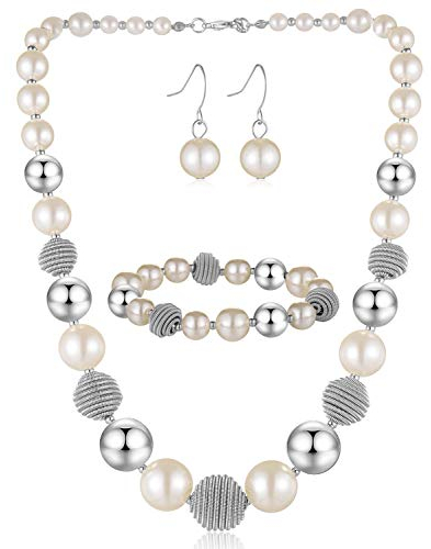 Bulinlin Perlen Damen Schmuck Set Silber Choker Halskette Ohrringe Creolen Statement Modeschmuck Weihnachtsgenchenke für Frauen(White pearl)