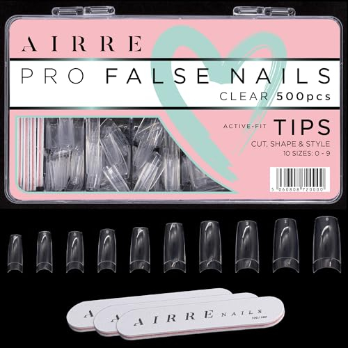 AIRRE 500 Capsule Ongles Acrylique Pro + 3 Limes avec Boîte - Faux Ongles Carrés French (10 tailles) pour Salons et DIY, Coupez, Limez, Formez, Gel UV/LED, Vernis et Nail Art (Transparent)