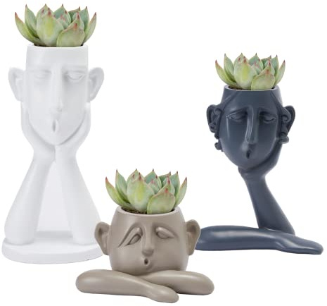 Menschliches Gesicht geformte Sukkulenten & Blumentopf Töpfe – Set von 3 Figuren für Garten – Indoor Outdoor Weihnachten Dekorative Gartenfiguren, Entwässerungslöcher für Pflanzen Künstlerisch –