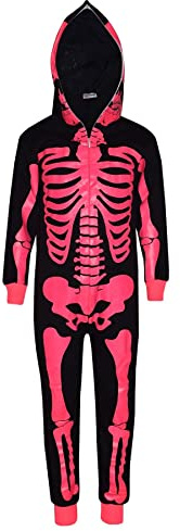 A2Z 4 Kids Girls Boys Skeleton Print Pyjama - Skeleton Onesie Black N.Pink 9-10