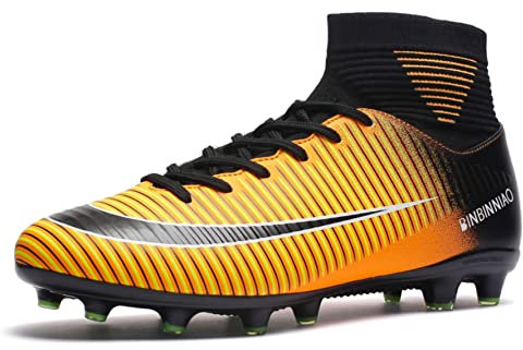 WEJIESS Mens Football Shoes High Top Spikes Youth Outdoor Training Football Shoes Professional Athletic Sports Shoes Turf Trainers, Black Yellow 2 T, 6 UK (WBBU909)