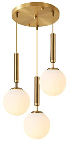 KCO Lighting 3-Lighs Cluster Pendelleuchte Mid Century Gold Globe Pendelleuchte Groß Milchweiß Glas Kronleuchter Moderne Küche Pendelbeleuchtung für Wohnzimmer Esszimmer