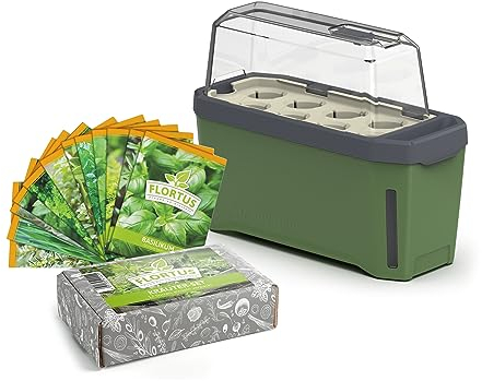 FLORTUS Anzuchtset Kräutersamen mit Kräutertopf Harry Herbs grün | Gewächshaus mit Bewässerungssystem & 12 Sorten Kräuter | Geschenkset Mitgebsel