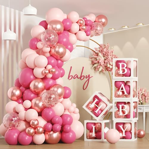 172 Stück Rosa Babyparty Box Deko,6 Transparente Ballon Box mit 110 Stück Luftballon Girlande Rosa,Baby Shower Luftballon Box mit 54 Buchstaben,Baby Ballon Boxen für Babyparty,Geburtstag Deko,Hochzeit