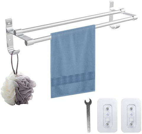 LPAMABA Porte-Serviettes Mural Double,Porte-Serviettes de Salle de Bain avec Crochet, Porte-Serviettes sans Perçage,Porte Serviette Adhesif Argent,Support Serviette 50cm,pour Cuisine, Salle de Bain