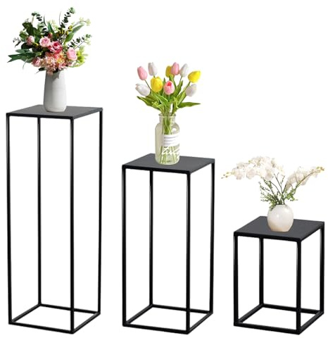 Hyuetrsa 3 Pcs Black Vase for Wedding Centrepieces Metal Flower Stand Geometric Display Table Column Rack Wedding Flower Stand Tall 15.7/23.6/31.5in for Home Birthday Party Decorations