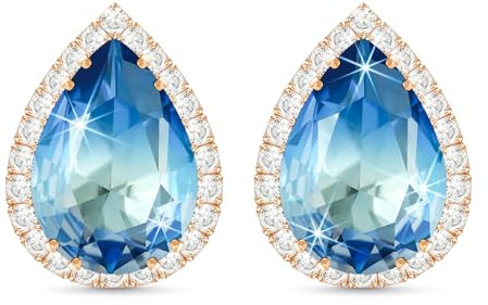 Linawe Aquamarine Stud Earrings for Women, Blue Cubic Zirconia Earrings Studs, Rose Gold Imitation Diamond Rhinestone Crystal Iridescent Teardrop Earrings Piercing Jewellery