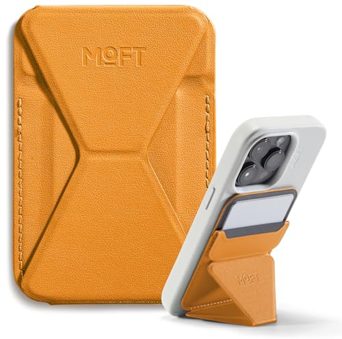 MOFT Magnetische Wallet Ständer für iPhone 16/15/14/13/12 Serie Kompatibel mit MagSafe, MOVAS Vegan Leder Magnetischer Handyständer mit 3 Betrachtungswinkeln, 2 Kartenhalter (Orange)