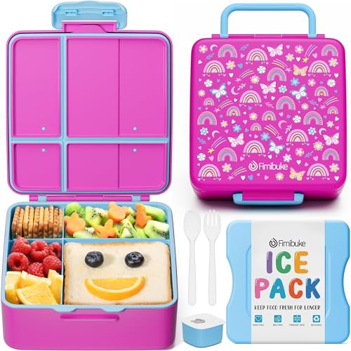 Fimibuke Chill Bento Box for Kids Adult, Leak Proof Toddler Lunch Box with Ice Pack Keep Food Cold, BPA Free 4 Compartment Lunch Container with Utensils for Girl Boy School, Microwave Dishwasher Safe