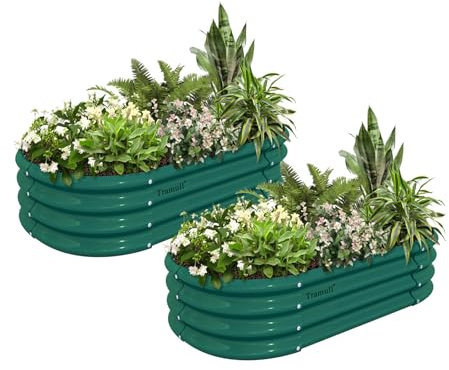 Tramull 2 Pack 4x2x1FT Galvanized Raised Garden Bed Kit Oval Metal Ground Planter Box Outdoor Bottomless Planter Raised Beds for Vegetables Flowers Herbs Fruits, Green