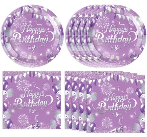 40PCS Purple Birthday Decorations Happy Birthday Decorations Purple Paper Plates and Napkins Set for Girl Woman Wedding Anniversary