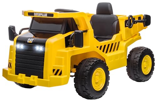 AIYAPLAY 12V Camion Giocattolo Licenza Caterpillar con Musica, Macchina Elettrica per Bambini con Telecomando, Fari, Secchio e Pala, Escavatore in PP e Metallo, Giallo