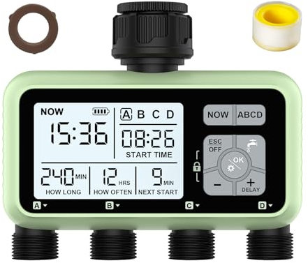 XinFuture - Temporizador de riego de 4 Salidas, Temporizador de Agua programable para Manguera de jardín con retardo de Lluvia, Sistema de riego Manual y automático, Controlador de riego Digital