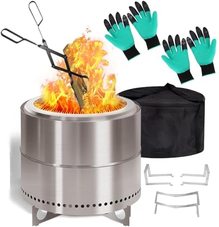 Rauchfreie Feuerstelle 19 Zoll, Tragbare Kamine für Camping auf der Terrasse im Freien, Feuerstelle aus Edelstahl 304 mit Abnehmbarer Aschepfanne,mit 1 Kaminzange 2 Krallenhandschuhe 1 Tragetasche