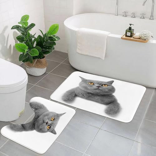 AELKSP Badezimmerteppich Set 2 Teilig,Katze,rutschfest Waschbar Badvorleger Set,Saugfähig Badematte Badteppich Set mit