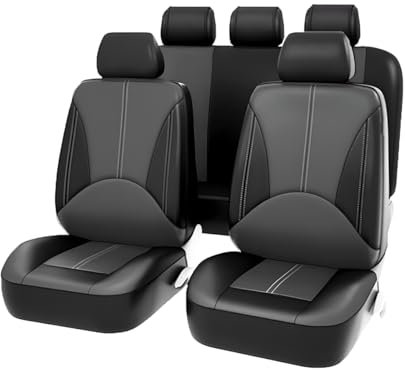 JNNJ 9 Stück Autositzbezüge Set Leder, Auto Schonbezug Autositz für Vordersitze und Rücksitze Auto Zubehör Innenraum, Autoinnenausstattung Schwarzer für Auto Autositzbezug Komplettset(Schwarz Grau)