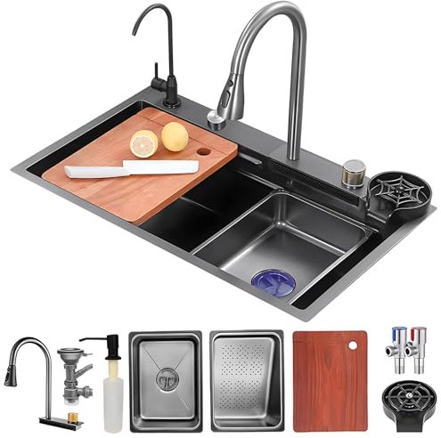 KOOGIMDDR 65x50cm Fregadero De Cocina De Acero Inoxidable Con Cascada Y Grifo Extraíble Fregadero De Un Solo Tazón Con Montaje Superior Con Revestimiento Nanométrico Con Accesorios, Lavadora De Ollas