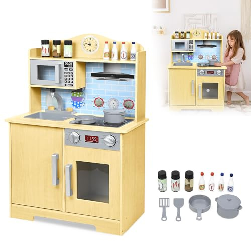 UISEBRT Kinderküche Holz Spielküche für Kinder ab 3 Jahren 56 x 28.5 x 92cm Kinder Küche Babyspielzeug Kinderspielzeug Holzküche Set mit Kochfeld Spüle Mikrowelle