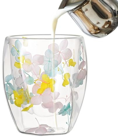 Tazas de café de vidrio de doble pared - Tazas transparentes de doble pared, vasos aislados de vidrio transparente | Diseño floral de tazas resistentes al calor con aislamiento transparente, el vidrio