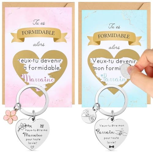 Jadive Set de Cadeau pour Marraine Parrain 2 Porte-Clé 2 Carte, Fleurs | 2 Autocollant à Gratter, 2 Enveloppe, Carte Demande Marraine, Annonce Baptême, Cadeau pour Noël et Naissance