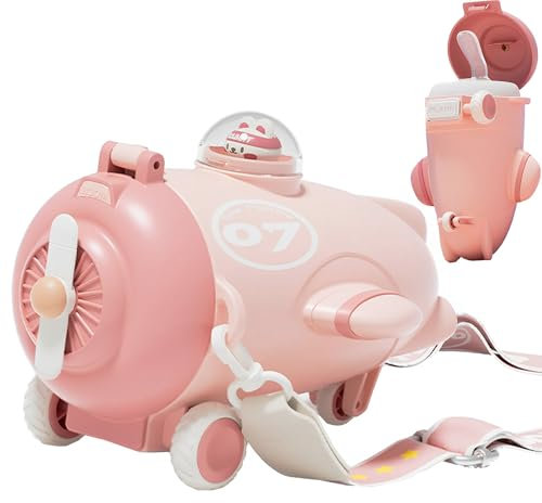 MZSX Wasserflasche in Flugzeugform für Kinder, 550 ml, Sport-Wasserflasche mit Strohhalm-Auslauf, wiederverwendbare Wasserflaschen, verstellbare Riemen, für Schule, Sport, Picknick, Reisen
