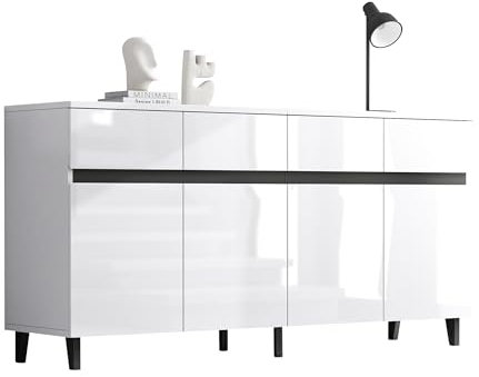 Azkoeesy 160 cm Sideboard in Hochglanz Weiß, Moderner Kommode Buffet Küchenschrank TV-Schrank mit 4 Schubladen und 4 Schranktüren, viel Stauraum, für Esszimmer und Wohnzimmer