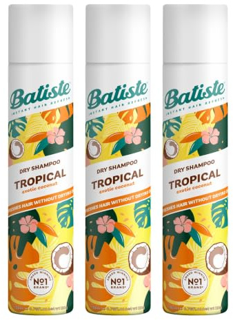 Batiste Dry Shampoo in Tropical 200ml, Coconut & Floral Fragrance, No Rinse Spray to Refresh Hair in Between Washes (Pack of 3)