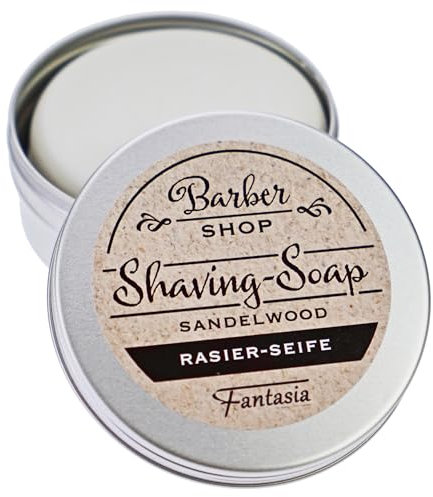 Fantasia® Beauty Rasierseife Herren und Damen aus Sandelholz 100g Premium Rasier Creme Vegan für sensible Haut Rasierseife Damen und Herren Rasier Set mit Metall Dose Shaving Gel Rasiercreme Herren