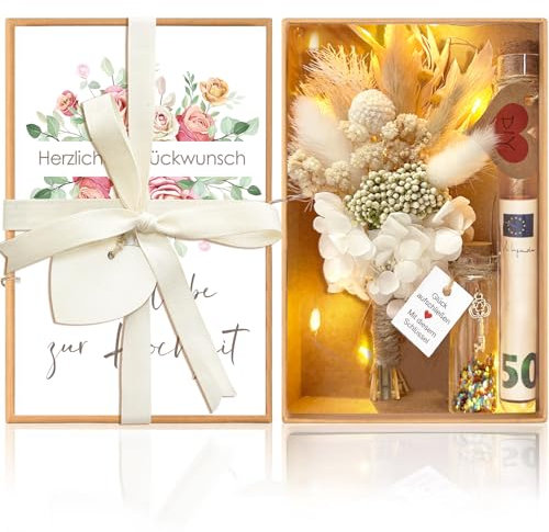 Geldgeschenk Hochzeit, Geschenkbox Hochzeitskarte Geschenk Hochzeitsgeschenke für Brautpaar, Hochzeitsgeschenkset Trockenblumen + Reagenzglas + Geschenkbox + Karte + LED für Verlobung Hochzeitstag