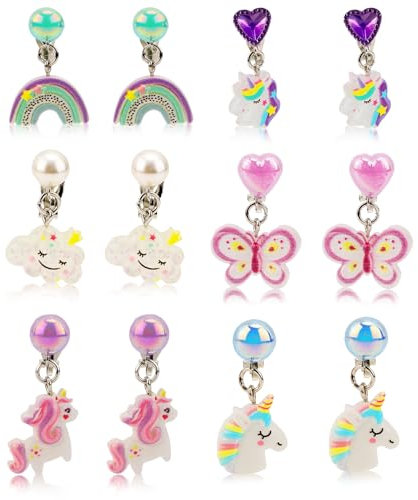 6 Paar Ohrclips für Mädchen, Ohrstecker-Set Ohne Ohrloch mit Ohrpolstern Süßes Schmetterlings-Kaninchen-Regenbogen-Design Ohrclips für Kinder Ohne Loch Schmuck als Geschenk