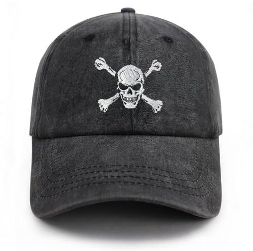 Gaakvrr Baseballkappe mit Totenkopf und gekreuzten Knochen, bestickte Skelettmütze, verstellbar, gewaschene Denim-Baumwolle, Schwarz, Totenkopfmütze