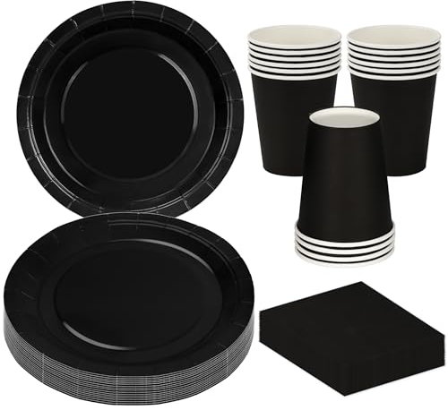 MestectPET 56 Pcs Black Party Tableware Set, Paper Plates Cups and Napkins for 16 Guests, Dinnerware Set for Graduation Wedding Birthday Baby Shower Party Holiday Table Decorations Supplies