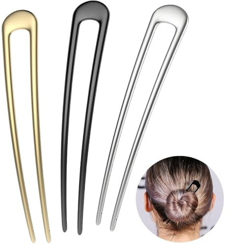 3 Stück French Hair Pin Metall für Frauen Mädchen Alle Haartypen, große U-förmige French Twist Hair Pin, Haarnadeln für Abschlussfeiern, Zeremonien, exquisite Anlässe (Gold+Silber+Schwarz)