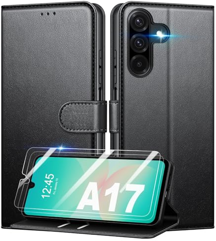 Mofurd Handyhülle für Samsung Galaxy A17 4G/ 5G Hülle Mit 2 Panzerfolie, [RFID-Blockierung] [Kartenfach] [Ständer] Premium PU Magnet Klappbar hülle mit Panzerglas, Multifunktional, Schwarz