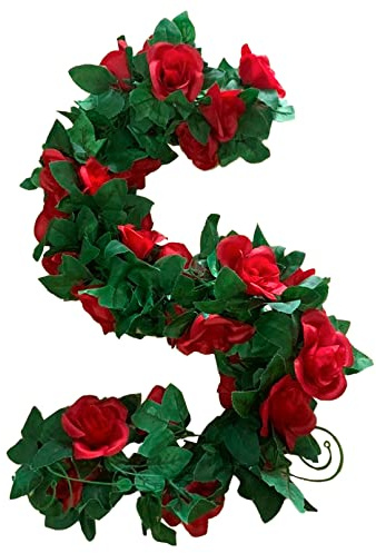 2er-Pack künstliche Rosenranken-Girlande, künstliche Rosen, Blumen, Pflanzen, Ranken, hängende Blumenblätter, Dekoration für Hochzeit, Party, Tisch, Garten, Bogen, Wand, Heimzimmerdekoration (rot)