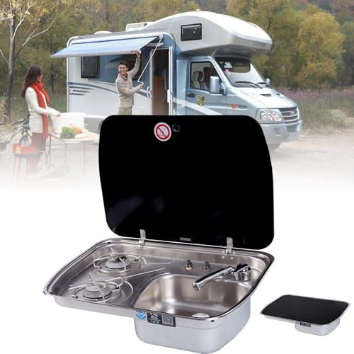 Wohnmobil-Gasherd mit Glasabdeckung, 2 Brenner, Gas, Edelstahl-Spüle, Combo für Outdoor-Camping, Wohnmobil, Wohnwagen, Wohnmobil, Wohnwagen, Wohnmobil, Küche, Verwendung mit Flüssiggas