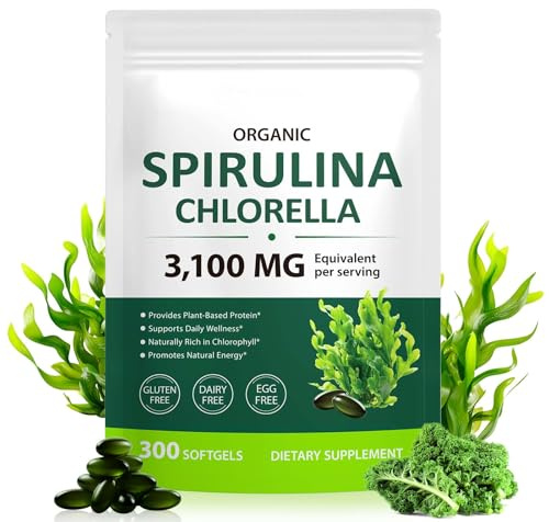 Spirulina & Chlorella Softgels - 300 Capsules Spirulina Chlorella Softgels with Barley Grass, Kale & Alfalfa Plant Protein, Vitamins & Minerals, Gluten-Free, Dairy-Free