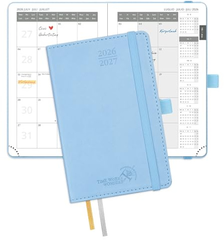 POPRUN Taschenkalender 2026 2027 Softcover Monatsplaner ca.A6(15,6 x 10cm) | 18 Monate Monatskalender,(Jul.2026-Dez.2027),mit PU-Leder,1 Monat 2 Seiten,100 GSM Papier(Blau)